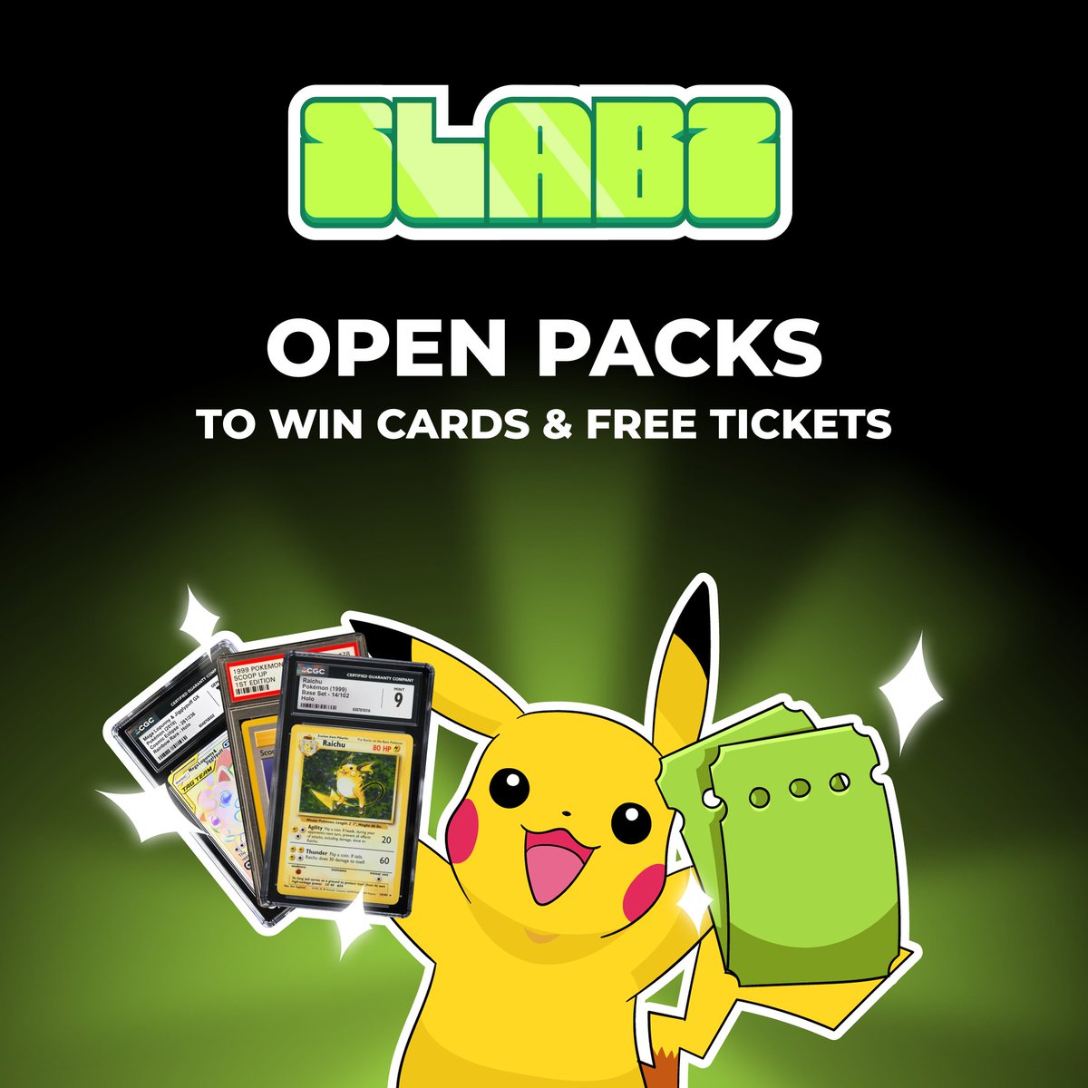 Slabzapp's tweet photo. WIN FREE POKEMON CARDS

Anyone can participate:
> Open packs to get tickets
> Use tickets to play games
> Win games to get free cards

Comment for a chance to win a free pack 👇 https://t.co/nZg9L4adwH