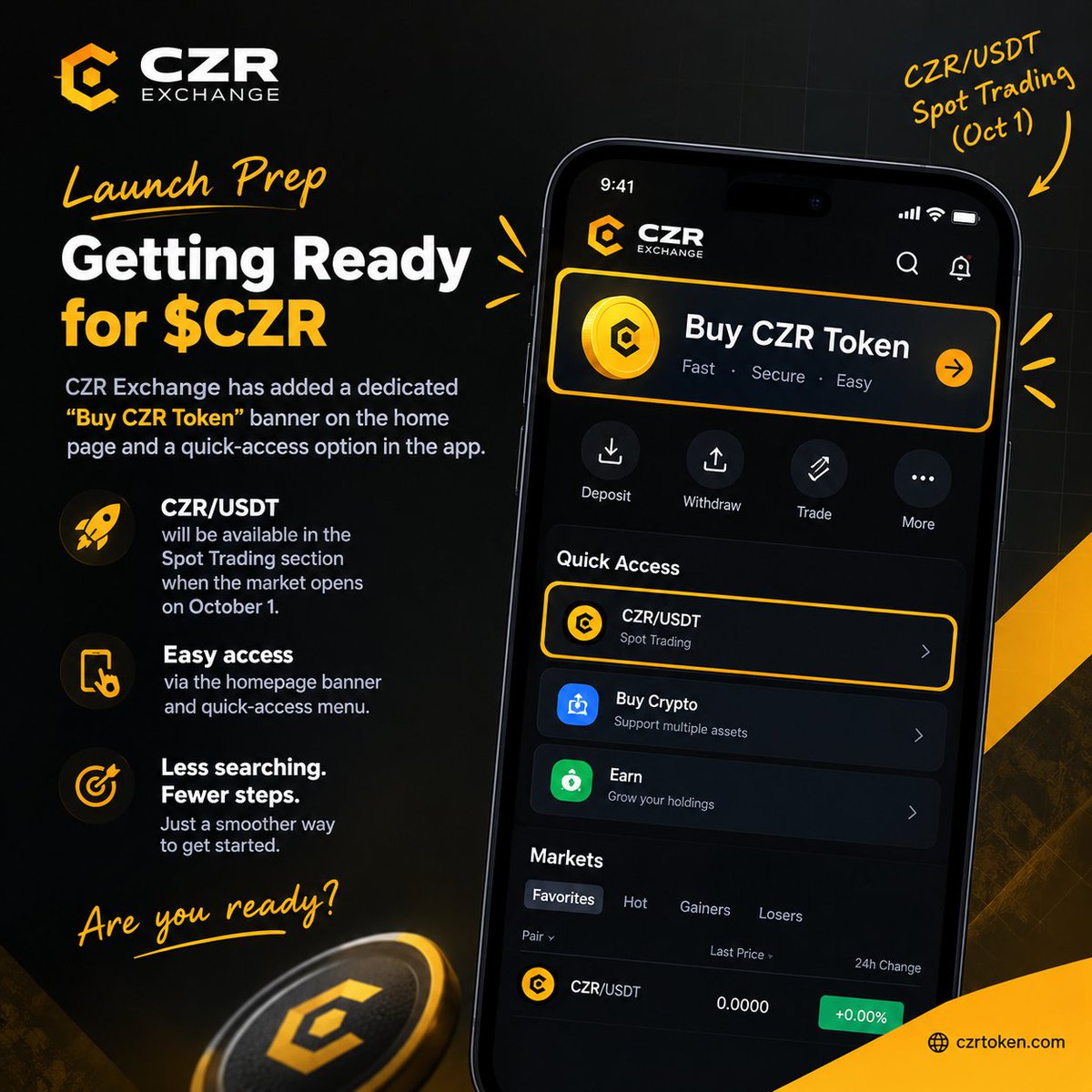 Sachchi4993's tweet photo. What caught my attention about $CZR isn’t just the October 1 launch.👀
The exchange is already preparing the user experience around the token, with CZR/USDT getting dedicated access inside the app.
Interesting to see the infrastructure being prepared before launch.
#czrtoken #czr https://t.co/sQNk8nTqvv