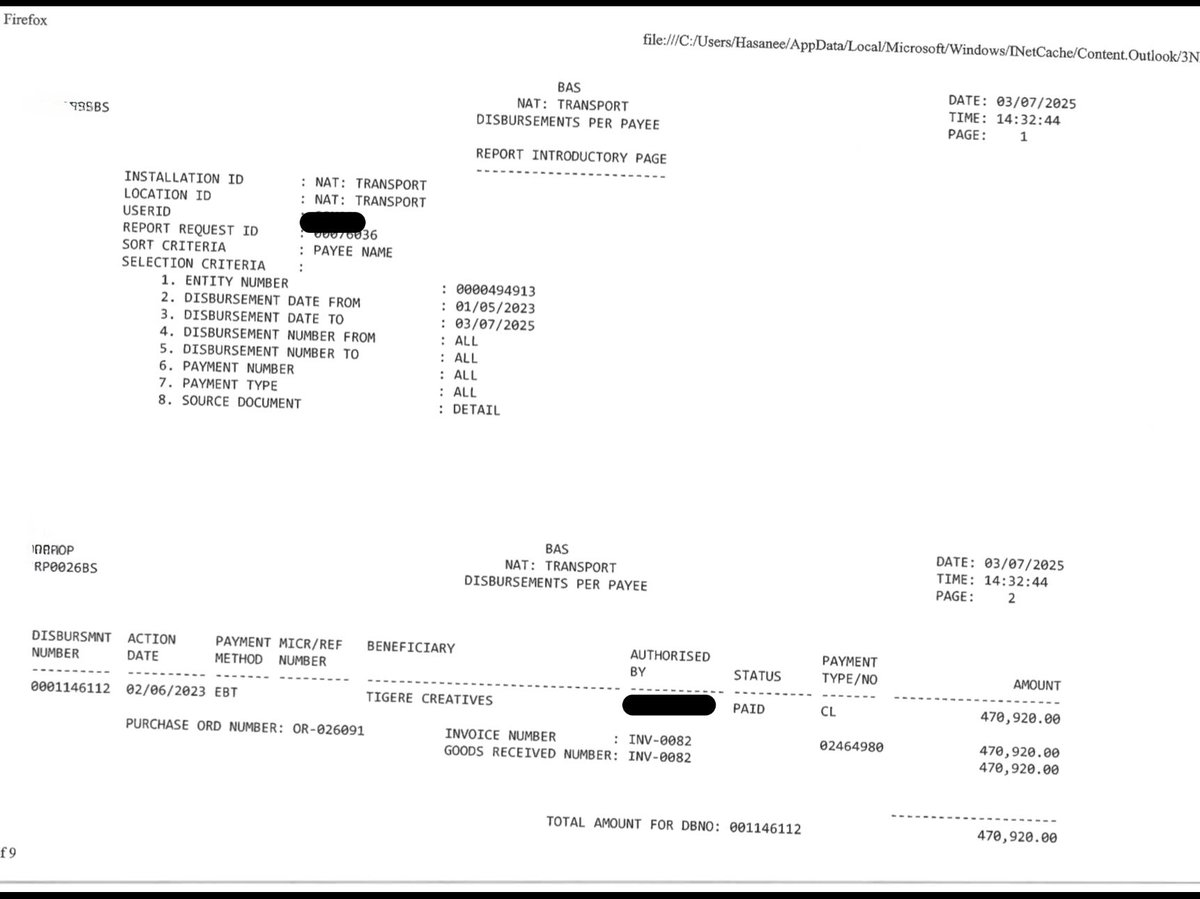 lEsethuHasane's tweet photo. When I arrived at the Department, these companies I have learned had worked for 5 months, and had received their first million through this scheme. 

This is a payment of just one invoice; I have many, and do not intend to share them. Until the Acing Director General stops addressing me through the staff, even to suggest I am mad. 

Further, Bowmans alerted me that there is a clear and obvious plan by implicated officials to blame me for this scheme. They however that such is not backed by any evidence unlike those officials who are all over the emails doing all sorts with these companies. 

I am providing you with this information: in defense of my dignity that continues to be impugned by the Acting Director General. 

These documents are before parliament, the presidency, auditor general, before the courts, labor court, bargaining council and the Public protector and are not privileged.  

The more he speaks - the more I share.