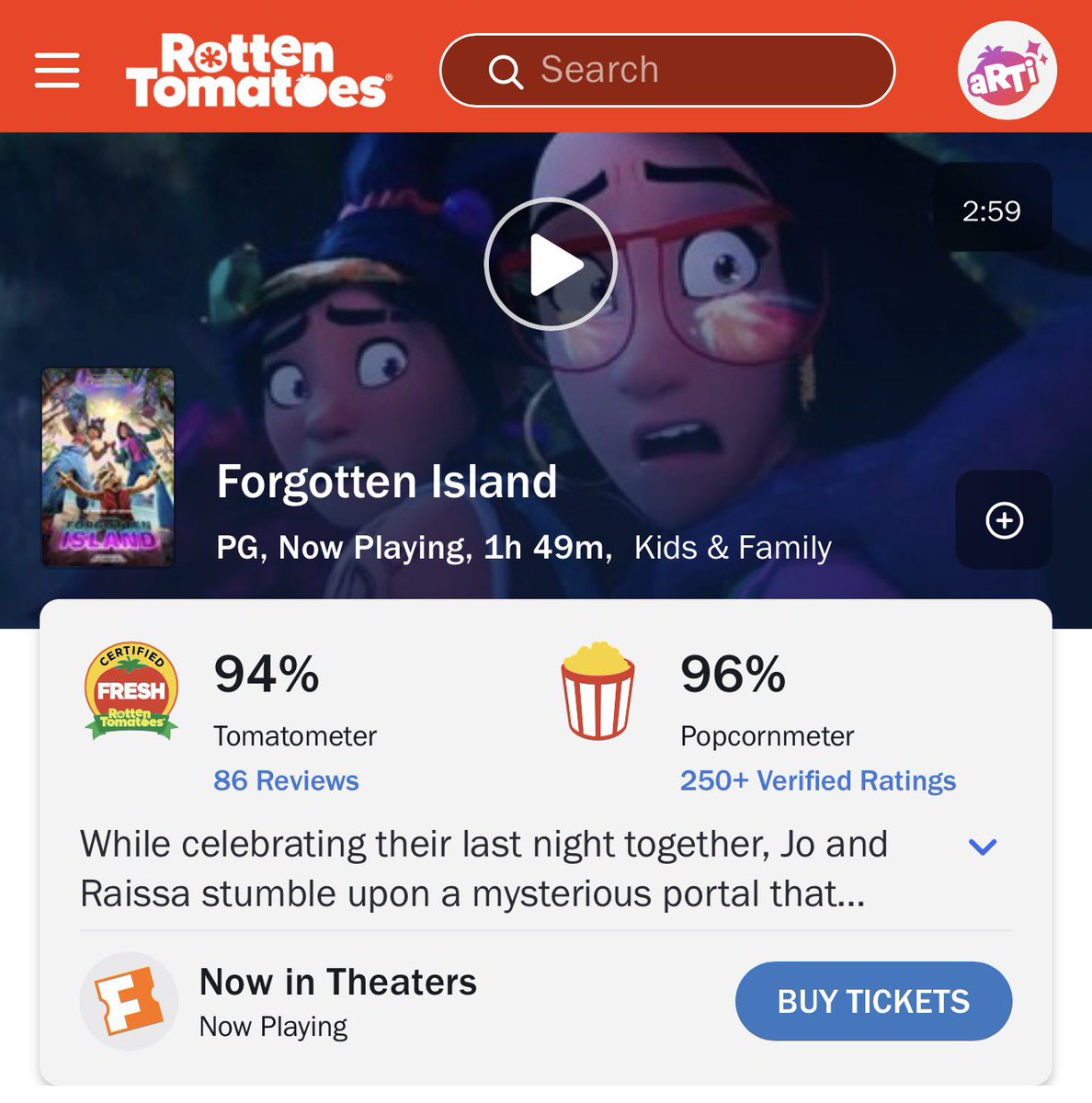 auntiebirung's tweet photo. On another positive note, the Popcornmeter score (audience ratings) in Rotten Tomatoes is finally out and it is 96% 

Yeheyyyyyy!! 🎉🥳🇵🇭🇺🇸

#ForgottenIsland https://t.co/BlYYzaACIE