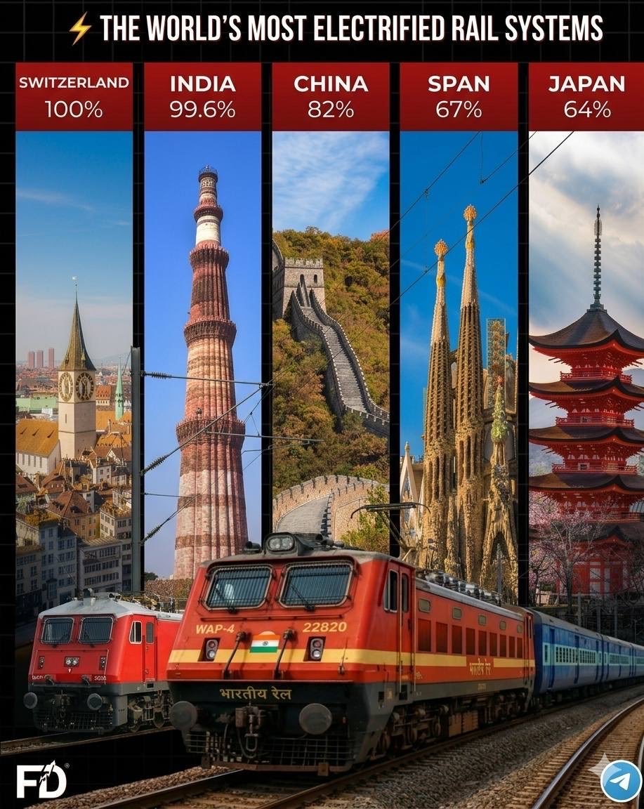 Shalus226's tweet photo. GLOBAL #RAILELECTRIFICATION LEADERS:

🔹 1. Switzerland: 100%
🔹 2. India: 99.6%
🔹 3. China: 82%
🔹 4. Spain: 67%
🔹 5. Japan: 64%
#Hunkkaar https://t.co/olrNaa0gQQ