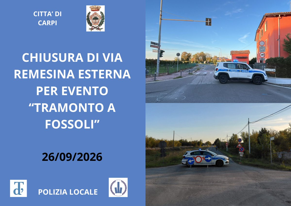 PMTerredargine's tweet photo. #PMTerredargine #PLTerredargine #PLInforma Oggi pomeriggio dalle ore 18:00 fino alle ore 19:30 circa, la via Remesina Esterna a Carpi, rimarrà chiusa dall'intersezione con via Martinelli fino a via Grilli per evento "Tramonto a Fossoli", siamo sul posto per le chiusure 👮 https://t.co/zyMY3uTHrx