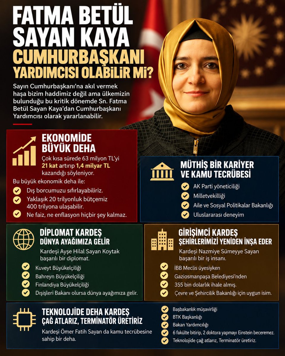 gurman_timurhan's tweet photo. Sayın Cumhurbaşkanı'na akıl vermek haşa bizim haddimiz değil ama ülkemizin bulunduğu bu kritik dönemde Sn. Fatma Betül Sayan Kaya'dan Cumhurbaşkanı Yardımcısı olarak yararlanabilir. 

📌 Müthiş bir kariyer ve kamu tecrübesi. 

📌 Çok kısa sürede 63 milyon gibi bir parayı 21 kat arttırıp 1,4 milyar kazandığı söyleniyor. Bu büyük ekonomik deha ile dış borcumuzu sıfırlayabiliriz. Yaklaşık 20 trilyonluk bütçemiz 400 trilyona ulaşabilir. Ne faiz, ne enflasyon hiçbir şey kalmaz. 

📌 Kardeşi Ömer Fatih Sayan da kamu tecrübesine sahip bir deha. Başbakanlık müşavirliği, BTK Başkanlığı, Bakan Yardımcılığı yaparken 6 fakülte bitirip, 2 doktora yapmayı Einstein beceremez. Teknolojide çağ atlarız, Terminatör üretiriz. 

📌 Diğer kardeşi Ayşe Hilal Sayan Koytak başarılı bir diplomat. Kuveyt, Bahreyn elçiliğinden sonra Finlandiya büyükelçimiz oldu. Dışişleri Bakanı olursa dünya ayağımıza gelir. 

📌 Diğer kardeş Nazmiye Sümeyye Sayan başarılı bir iş insanı. İBB Meclis üyesiyken Gaziosmanpaşa belediyesinden 355 bin dolarlık ihale almış. Çevre ve Şehircilik Bakanlığı için uygun isim. 

86 milyon hep birlikte bu müthiş aileye hizmet etmekten, adeta reayası olmaktan eminim mutlu oluruz.