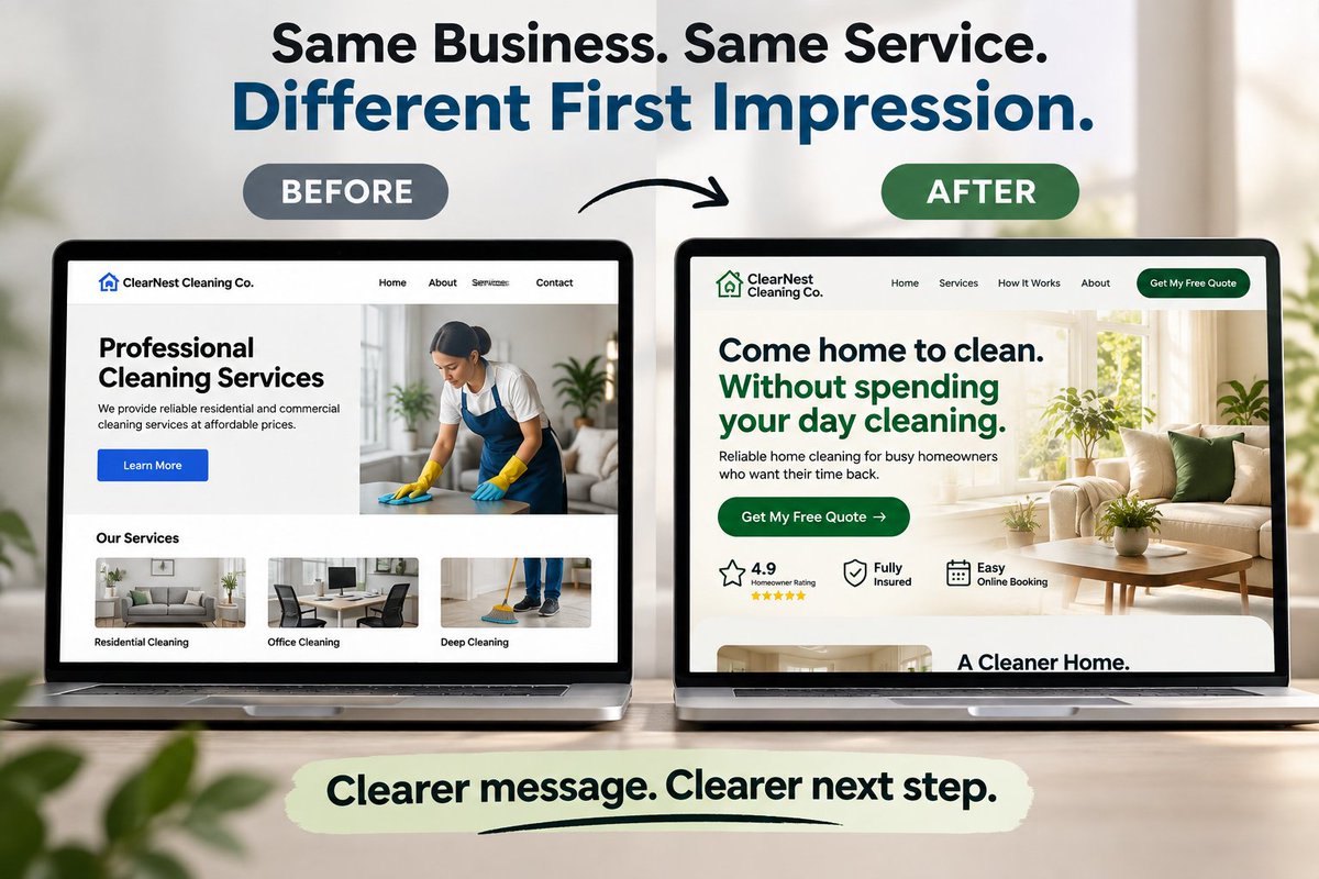 WisterLim_1's tweet photo. Same business. Same service. Different first impression.
A redesign isn’t always about adding more.
Sometimes it’s:
→ Clearer message
→ Stronger CTA
→ Less confusion
Which would you trust more: Before or After?
#WebDesign #WebsiteRedesign https://t.co/tVKd6fOVJF