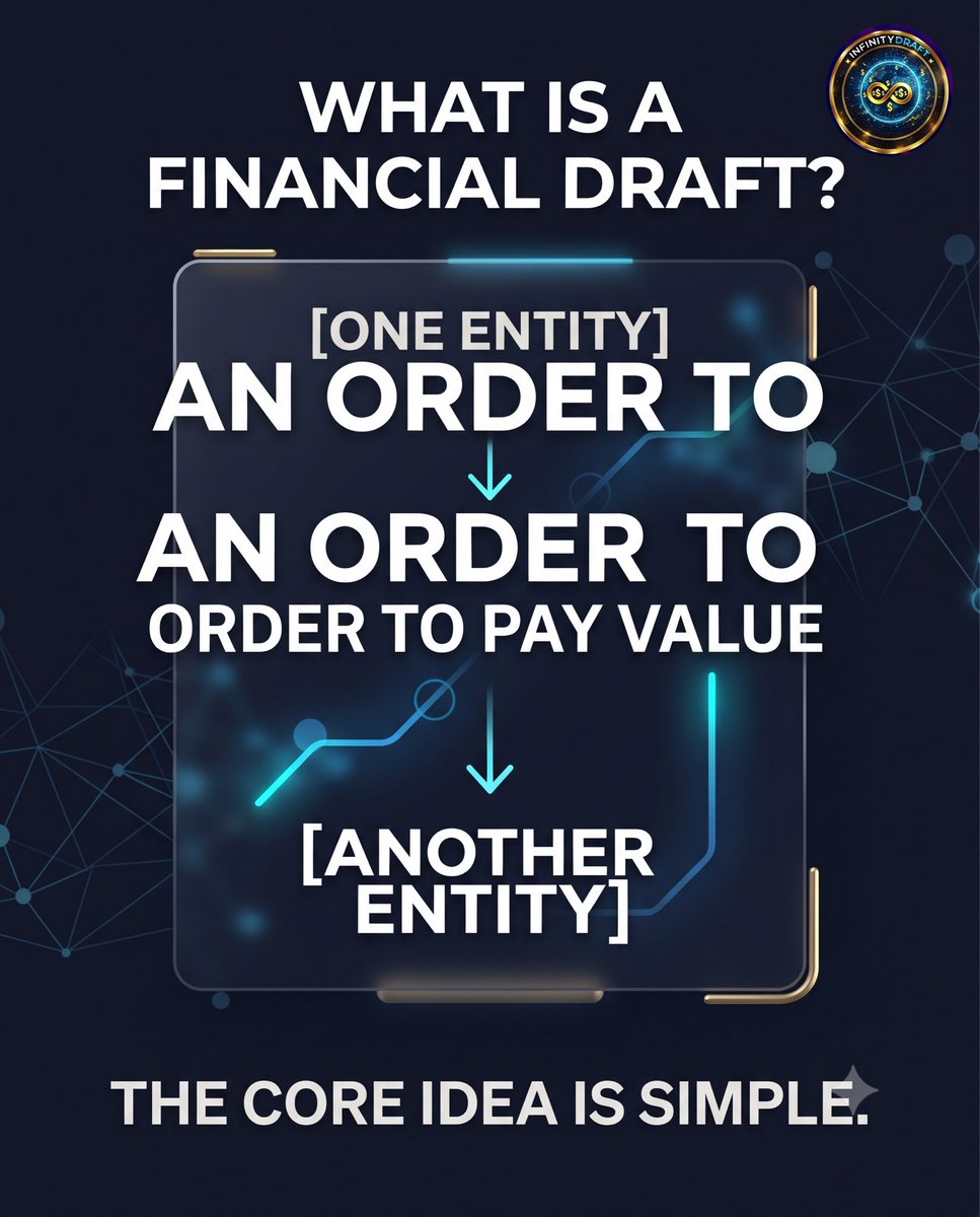 infinitydraftio's tweet photo. **The Evolution of the Draft: From Paper to Protocol.**

For centuries, the fundamental idea behind a draft has been relatively simple:

**One entity instructs value to be paid to another.**

What has changed is the infrastructure used to make that transfer possible.

Traditional bank drafts and international payment orders can involve multiple financial institutions, intermediary steps, settlement processes and cross-border fee structures.

As financial technology evolves, the question becomes:

**Can the fundamental concept of a draft be reimagined for a digitally connected world?**

This is where the idea of the **Decentralized Draft** comes in.

By bringing the concept of a financial draft into a blockchain-based environment, Infinity Draft explores a different model for how value can be represented and transferred across a connected digital network.