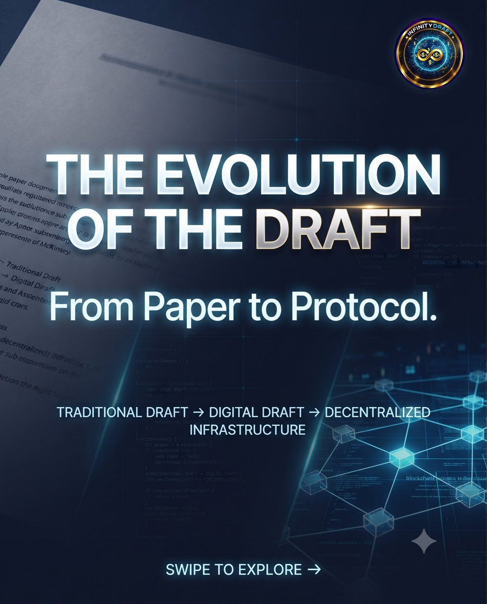 infinitydraftio's tweet photo. **The Evolution of the Draft: From Paper to Protocol.**

For centuries, the fundamental idea behind a draft has been relatively simple:

**One entity instructs value to be paid to another.**

What has changed is the infrastructure used to make that transfer possible.

Traditional bank drafts and international payment orders can involve multiple financial institutions, intermediary steps, settlement processes and cross-border fee structures.

As financial technology evolves, the question becomes:

**Can the fundamental concept of a draft be reimagined for a digitally connected world?**

This is where the idea of the **Decentralized Draft** comes in.

By bringing the concept of a financial draft into a blockchain-based environment, Infinity Draft explores a different model for how value can be represented and transferred across a connected digital network.