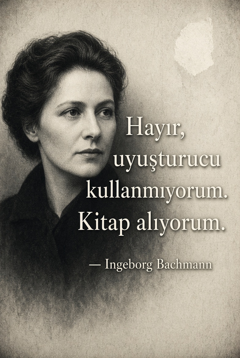 Demirhamza01's tweet photo. “Hayır, uyuşturucu kullanmıyorum.
Kitap alıyorum.”
— Ingeborg BachmannÖrnek metin:
Bu akşamın sakin ilhamı: Ingeborg Bachmann  Hayır, uyuşturucu kullanmıyorum.
Kitap alıyorum.  Bazen en güzel bağımlılık, sayfalar arasında kaybolmaktır.  #IngeborgBachmann #KadınYazarlar https://t.co/JOK4HN7BsZ