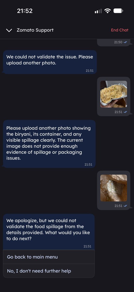 parthhkadam's tweet photo. @zomatocare I like the way you’ve turned the entire support chat box into AI powered system wherein they just couldn’t help me with my issue. Utterly pathetic!! https://t.co/vmbjzENq3A