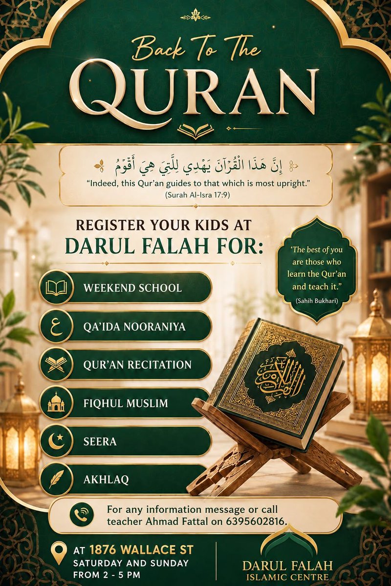 DarulFalah2022's tweet photo. 📷📷 Back to the Qur’an! 📷📷

📷 Saturday &amp; Sunday | 2:00–5:00 PM
📷 1876 Wallace St
📷 For more information, message or call Teacher Ahmad Fattal: 639-560-2816
#DarulFalahIslamicCentre #BackToTheQuran #MuslimKids #IslamicLearning #QuranJourney #ReginaMuslims #Regina https://t.co/LL1fsUgfVv