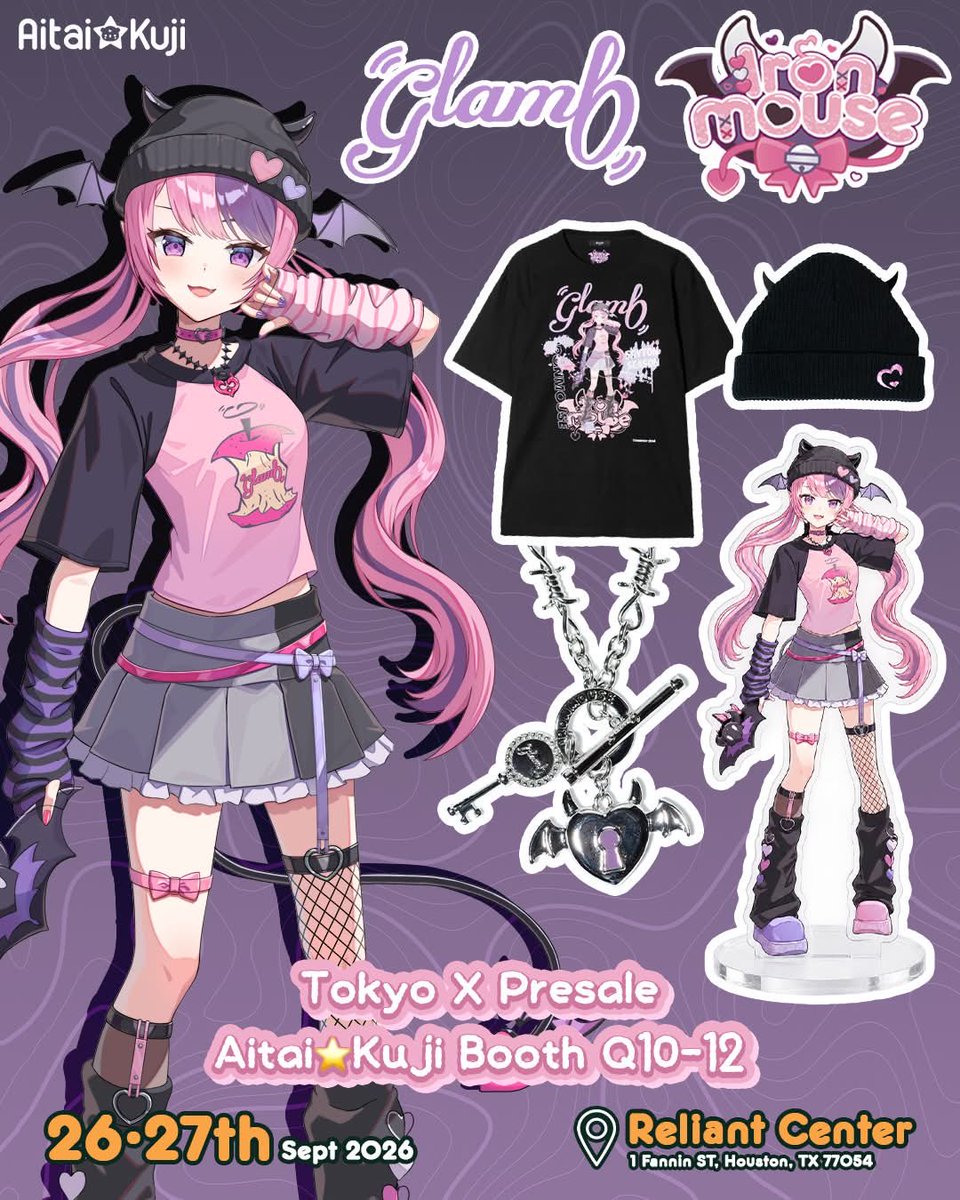 AitaiKuji's tweet photo. 💖 😈💜 The official @Ironmouse x glamb collaboration is debuting at Tokyo X! 💜😈💖

The apparel and accessories collection features glamb-exclusive art of Ironmouse! Visit @glamb_tweets’ official Booth Q-12B to be the first to shop the collab!

⭐ Online pre-sales will be announced soon~! ⭐

📆 Be sure to also come to the glamb J-Fashion Show 9/27 @ 3PM!
📍 Panel Stage (Hall D) @ Reliant Center 
🔗 https://t.co/FRhR5Mmiqg

#tokyox #ironmouse #glamb @tokyox_usa
