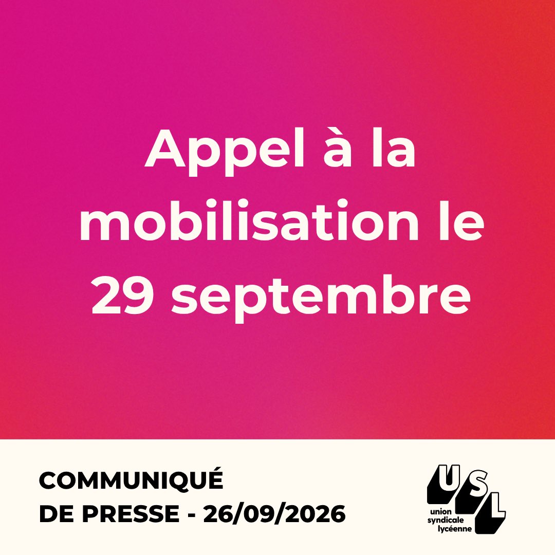 USLSyndicat's tweet photo. Communiqué de presse du 26/09 :
Appel à la mobilisation le 29/09 ✊🏽#blocus #lycée #mobilisation https://t.co/9LBJFnby3B