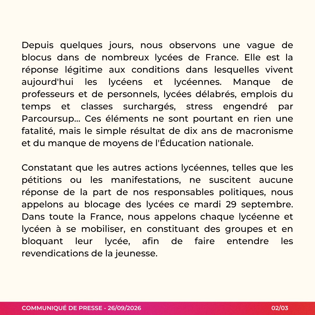 USLSyndicat's tweet photo. Communiqué de presse du 26/09 :
Appel à la mobilisation le 29/09 ✊🏽#blocus #lycée #mobilisation https://t.co/9LBJFnby3B