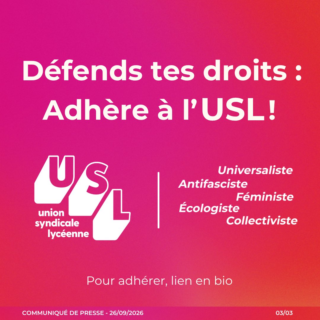 USLSyndicat's tweet photo. Communiqué de presse du 26/09 :
Appel à la mobilisation le 29/09 ✊🏽#blocus #lycée #mobilisation https://t.co/9LBJFnby3B
