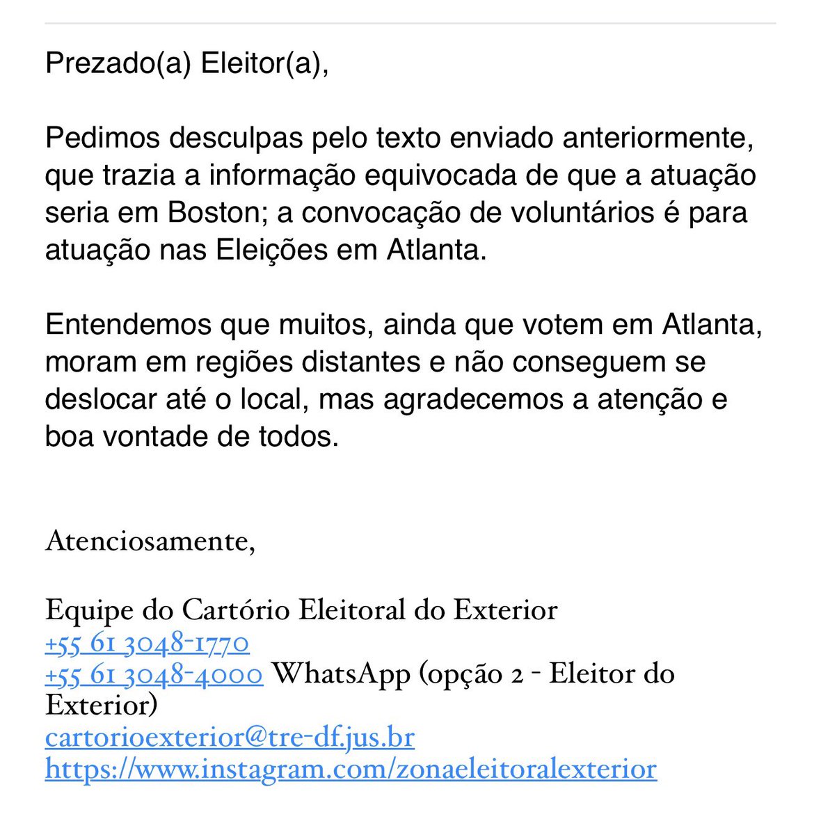 Raphael_Heide's tweet photo. E o @TSEjusbr que mandou esse e-mail pra mim, mas com cópia do endereço de e-mail visível pra todo mundo que vota em Atlanta. https://t.co/j3q8dpwAlt