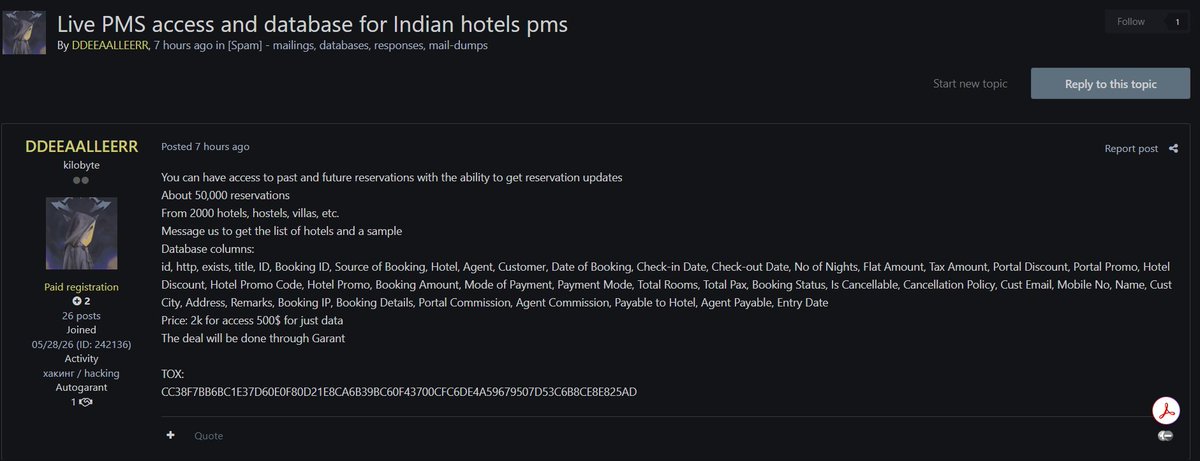 CyberPulse56's tweet photo. ‼️Cyber Threat Alert – Indian Hotel PMS 🇮🇳

Target: Hotel PMS systems across India
Threat Actor: DDEEAALLEERR
Claimed Access: Live PMS access + historical/future reservations
Scope: ~50,000 reservations across 2,000 hotels, hostels & villas

Reported Data: Hotel/agent/customer details, booking IDs, booking dates, check-in/out dates, payment information, room/pax counts, customer emails, mobile numbers, names & cancellation details.

💰 Claimed Sale: $2K for access / $500 for data.

⚠️ Access and database claims remain unverified.

#DataBreach #India #Hotel #PMS #DataLeak #CyberSecurity
