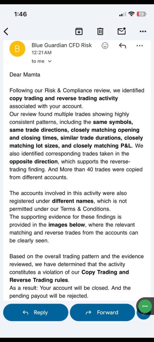 Faded_Propfirm's tweet photo. 🚨 Trader Claims Payout Rejected Over Copy-Trading Allegation @Rachit51234949

A trader says he purchased a $50,000 Blue Guardian Instant CFD account on August 31, 2026 and generated around $2,000 in profit through his own trading.

According to the trader, he requested a payout on September 25, 2026. Just 2–3 hours later, he received an email stating that his account was being closed and his payout was rejected due to an alleged copy-trading violation.

The trader strongly denies copy trading and says he has never copied anyone’s trades. He claims that he trades independently using his own EMA-based strategy, personal market analysis, and risk-management approach.

The trader says he is confused by the decision and is asking for clear evidence showing what trades allegedly matched another trader and what specifically led to the copy-trading allegation.

📌 Account ID: 545989

He has shared supporting evidence with this post and says he is willing to provide any additional information required.

Hopefully, @BlueGuardian can review the case and provide the trader with a clear explanation and the evidence behind the decision.

A trader deserves the opportunity to understand and respond to an allegation that resulted in the rejection of his payout.
@Aliatcx @seanbaint