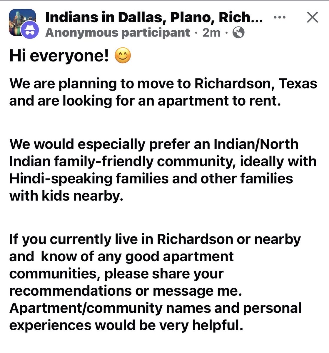 ChattyTexan's tweet photo. “Hi, we are moving to Texas and prefer an Indian neighborhood” https://t.co/qQzYFUljun