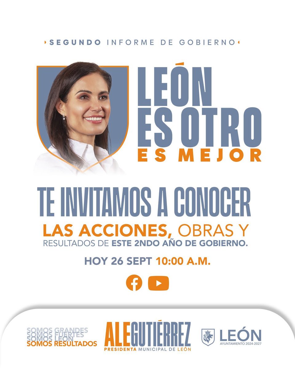 SaludLeonmx's tweet photo. ¡León es otro. León es mejor! 🦁🙌

📡 Hoy a las 10:00 a.m. acompaña la transmisión del Segundo Informe de Gobierno de la presidenta municipal Alejandra Gutiérrez y conoce las acciones, obras y resultados de este periodo.👏

#2InformeAle
#AleGutiérrez https://t.co/5gwbyZw1J2
