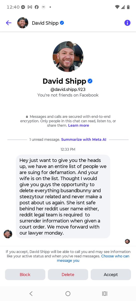 Busandbunny's tweet photo. David Shipp from Busandbunny got really angry when someone shared her experience of getting scammed by them on @facebook. David insulted her, harassed her, and sent this threat to her husband as a response. No lawyer would advise this. 😬

#busandbunny #steezytour #scam #reddit https://t.co/55189EVosE