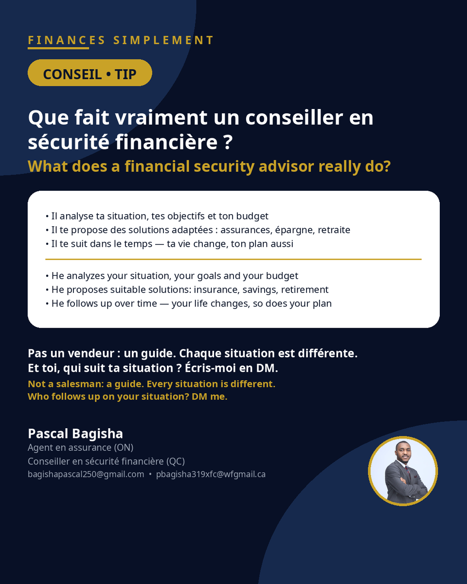 bagishapascal's tweet photo. Mon métier en une phrase : pas un vendeur, un guide. Analyser, proposer des solutions adaptées, suivre dans le temps.

Quand a-t-on regardé TON plan financier pour la dernière fois ? Commente ou DM

Pascal Bagisha, Agent en assurance (ON) • Conseiller en sécurité financière (QC) https://t.co/7G6O2STXAE
