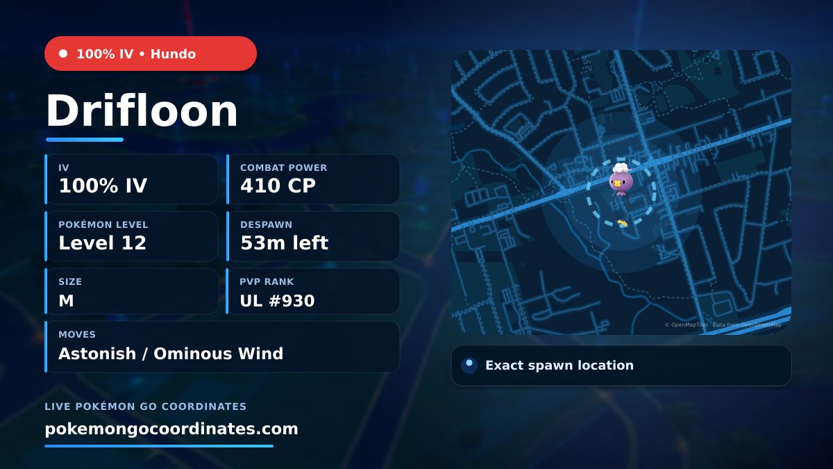 CoordsPokemonGo's tweet photo. #Drifloon Wild Spawns
π―% IV β’ 410 CP β’ Level 12
Despawns in 53m
π 43.853241,-79.057399
#ShinyCheck β’ #PokemonGO https://t.co/dQCiTxeNyw