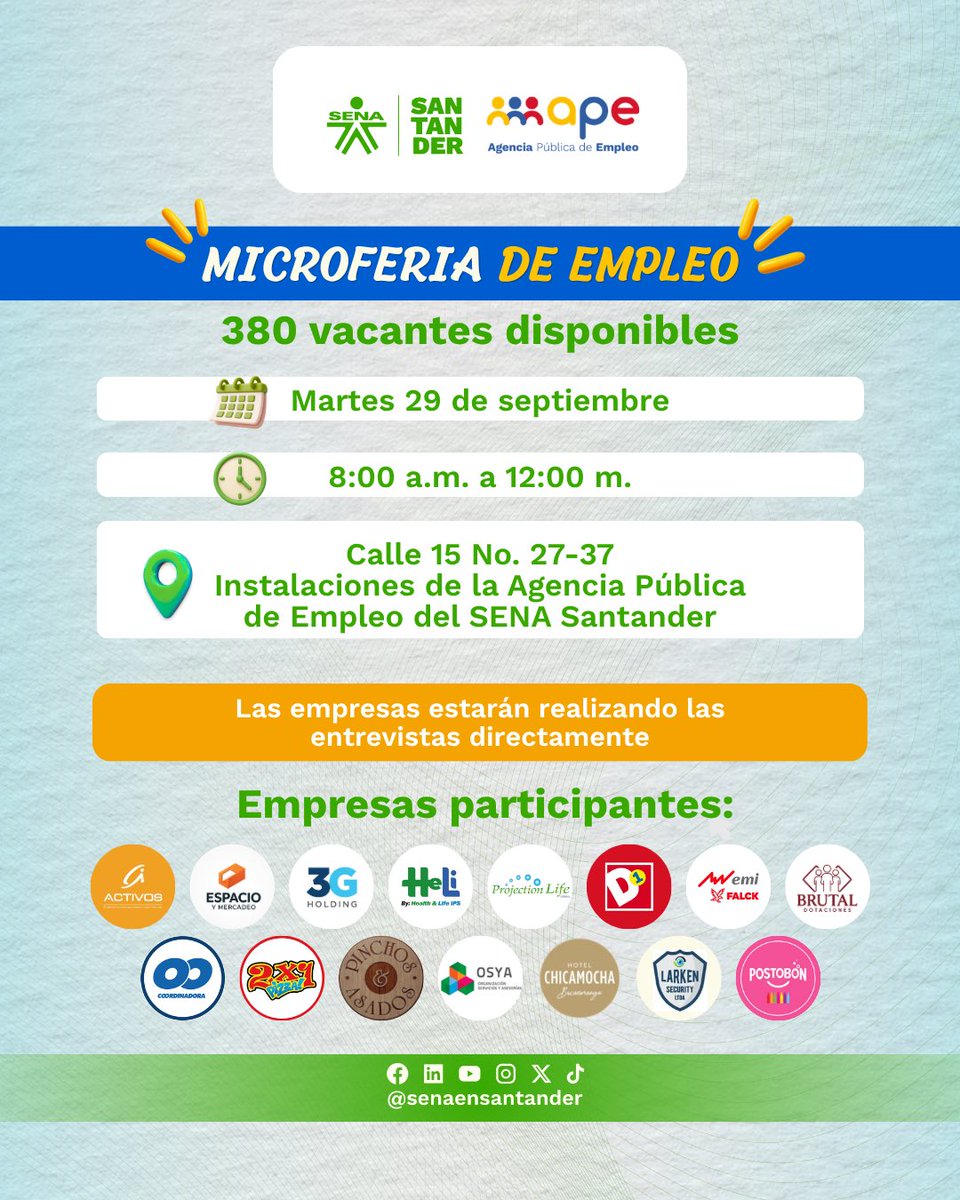 senaensantander's tweet photo. 🚀 ¡Da el siguiente paso en tu carrera! La Agencia Pública de Empleo del SENA Santander conecta talento local con el sector productivo. 📝 Lleva tu hoja de vida actualizada, puntualidad y excelente actitud. #EmpleoSantander #SENA https://t.co/3fCcgQB17b