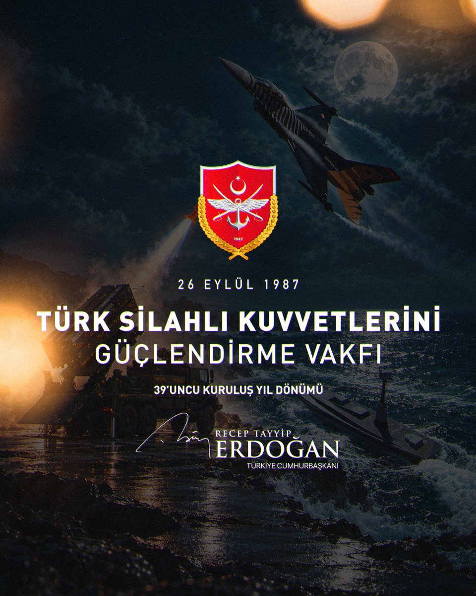 RTErdogan's tweet photo. Türk Silahlı Kuvvetlerini Güçlendirme Vakfımızın 39’uncu yılını canıgönülden tebrik ediyorum.

Millî savunma hamlemize, savunmamızın millîleştirilmesine yönelik kritik hamlelere önemli katkılarda bulunan Vakfımıza bugüne kadarki hizmetleri için şükranlarımı sunuyor, gelecekteki çalışmalarda başarılar diliyorum.