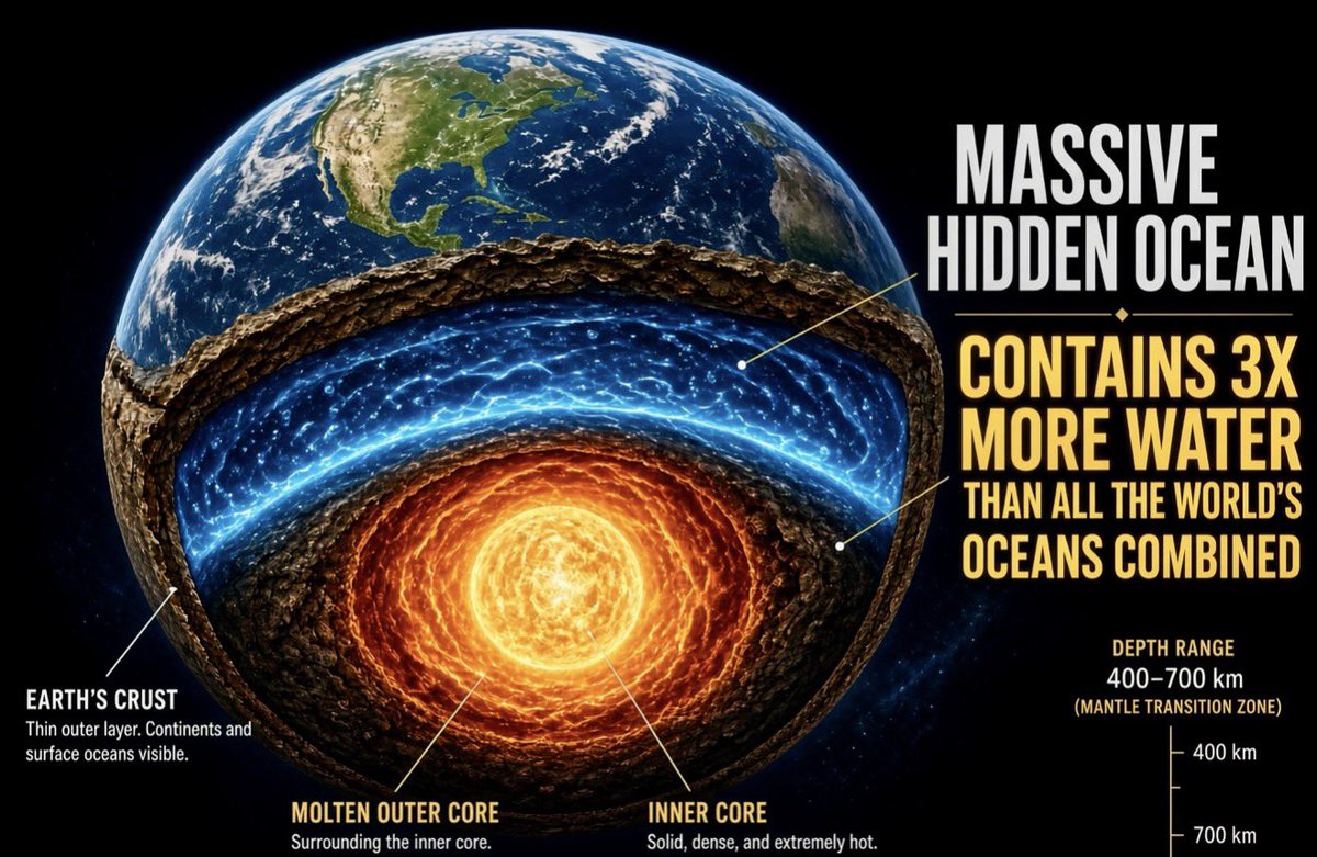 BrightInsight6's tweet photo. In 2014, Scientists discovered a massive hidden ocean inside the earth, containing 3X MORE water than ALL our oceans COMBINED.

⚠️ So HOW did ancients know about it at the time of Noah’s Ark??

We’ve all heard “Rain fell upon the earth for 40 days and 40 nights” in Genesis 7:12. However, the verse immediately before it: “…all the springs of the great deep burst forth, and the floodgates of the heavens were opened” in Genesis 7:11, is often overlooked!

Many dismiss the ‘Great Flood’ as a mere bedtime story, and say that 40 days/nights of rain wouldn’t have flooded the earth.

But, the fact Genesis 7:11 speaks of massive amounts of water expelling from inside the earth and flooding the surface….(and many thousands of years before its modern discovery!), is an extremely curious detail, don’t you think? 🧐