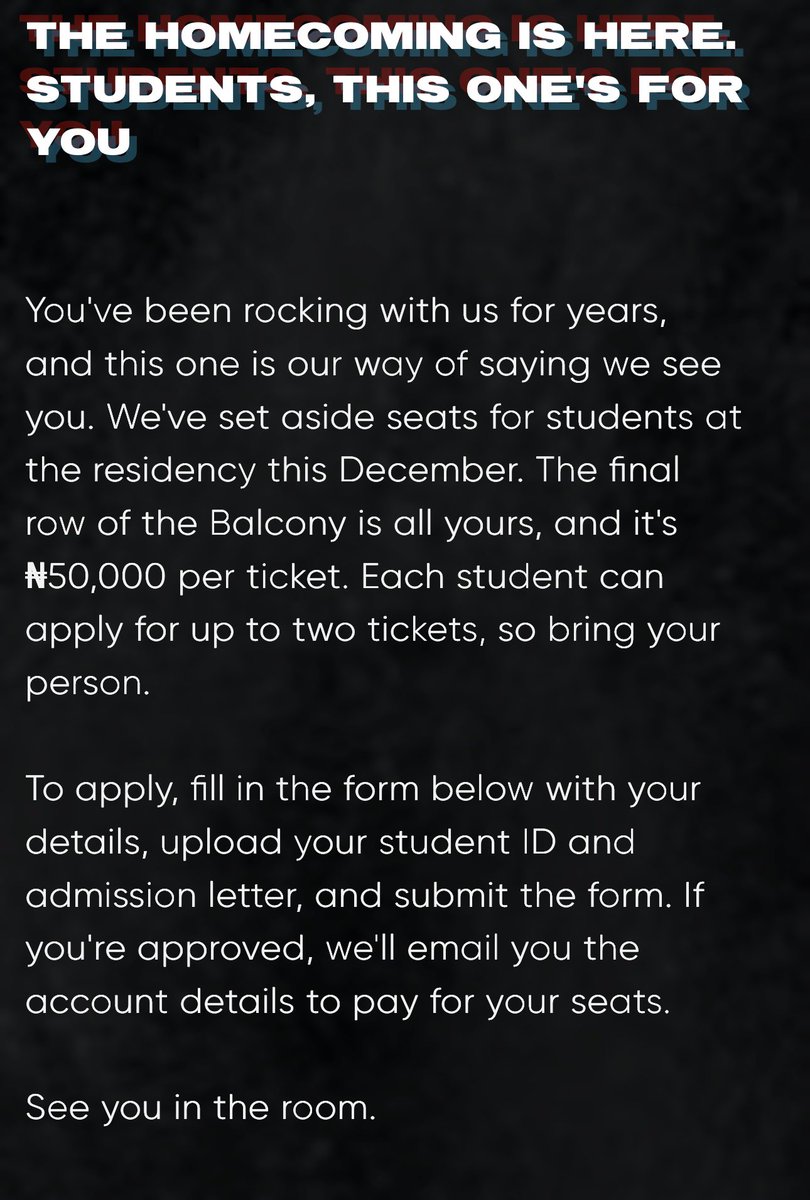 Ngnbillboard's tweet photo. 📍Davido adds special Student Access Tickets for the Oriade Residency at the National Theatre in Lagos.

The Tickets 🎟️ go for #50,000 and requires Valid Student ID and Admission Letter. https://t.co/qQYkS1wR92