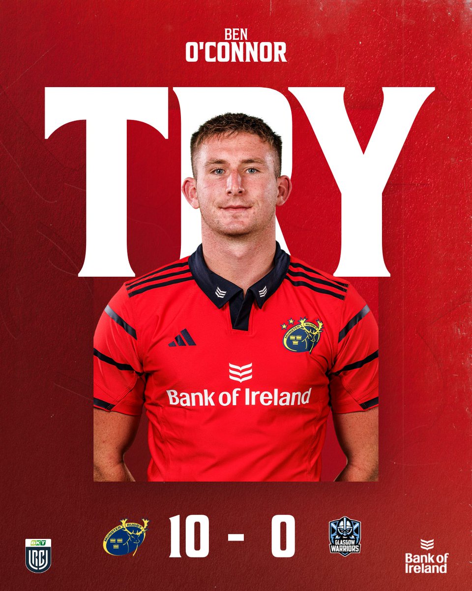 Munsterrugby's tweet photo. TRY! BOC scores our 1st after a brilliant backline move following JJ's 50:22.

JJ lands a superb touchline conversion &amp; we lead by 10 after 15 minutes.

Follow live: https://t.co/ZZSIZS2URI

#MUNvGLA | #SUAF 🔴 https://t.co/JYFoYVvRpk
