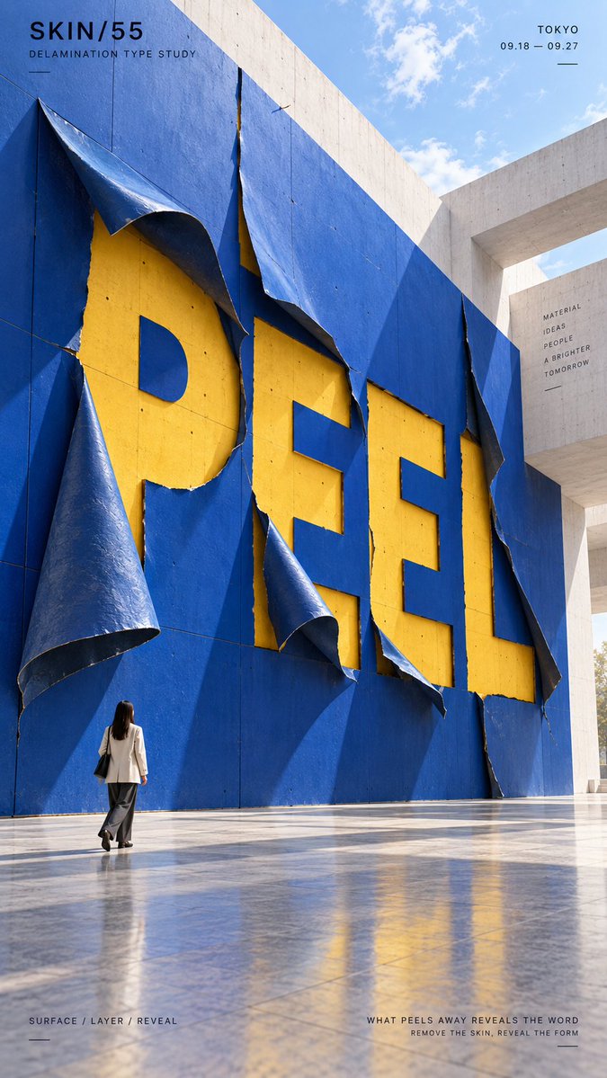 MrLarus's tweet photo. 🧱 Material typography gets physical!

Peeling, swelling, erosion and cracking turn the material itself into type.

1. PEEL, surface delamination  
2. SWELL, pneumatic expansion  
3. ERODE, wind erosion  
4. CRACK, material fracture  

🌟 Great for installations, exhibition graphics, brand visuals and experimental typography!

Prompts below 👇