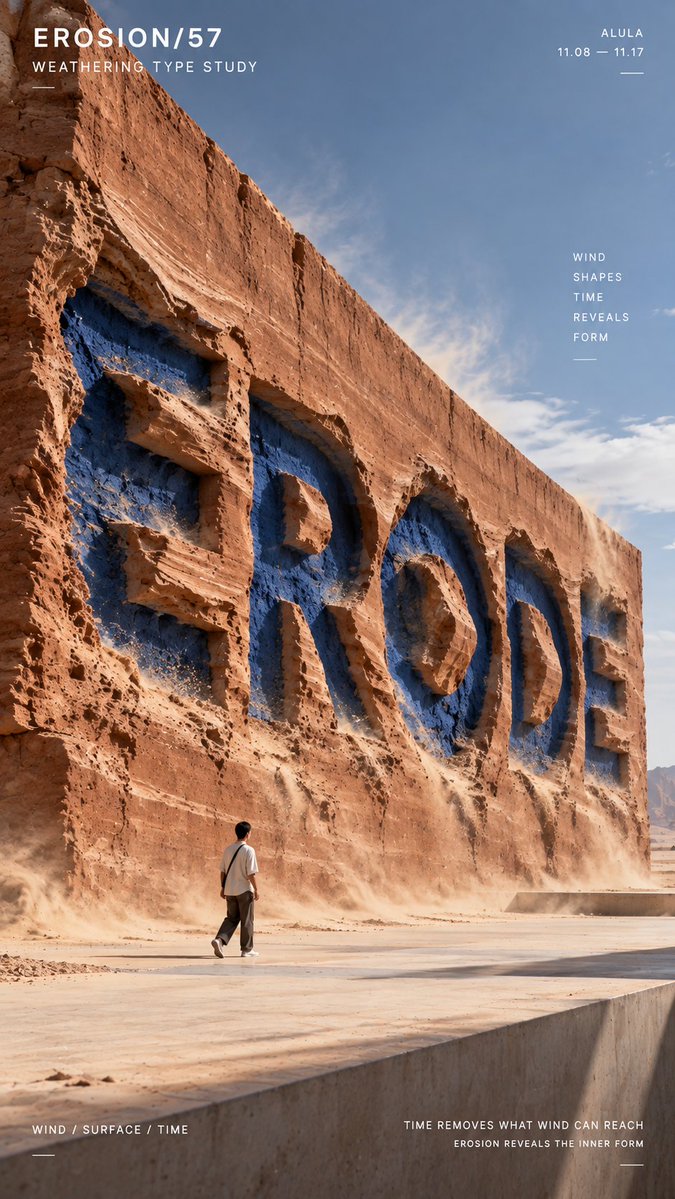 MrLarus's tweet photo. 🧱 Material typography gets physical!

Peeling, swelling, erosion and cracking turn the material itself into type.

1. PEEL, surface delamination  
2. SWELL, pneumatic expansion  
3. ERODE, wind erosion  
4. CRACK, material fracture  

🌟 Great for installations, exhibition graphics, brand visuals and experimental typography!

Prompts below 👇