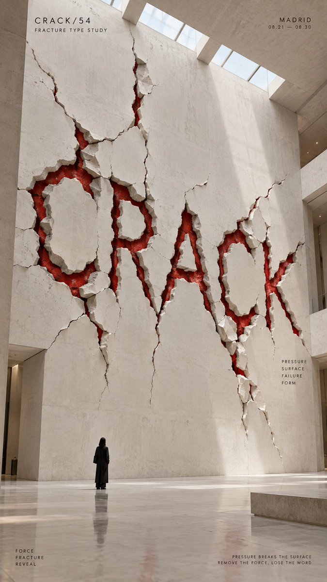 MrLarus's tweet photo. 🧱 Material typography gets physical!

Peeling, swelling, erosion and cracking turn the material itself into type.

1. PEEL, surface delamination  
2. SWELL, pneumatic expansion  
3. ERODE, wind erosion  
4. CRACK, material fracture  

🌟 Great for installations, exhibition graphics, brand visuals and experimental typography!

Prompts below 👇