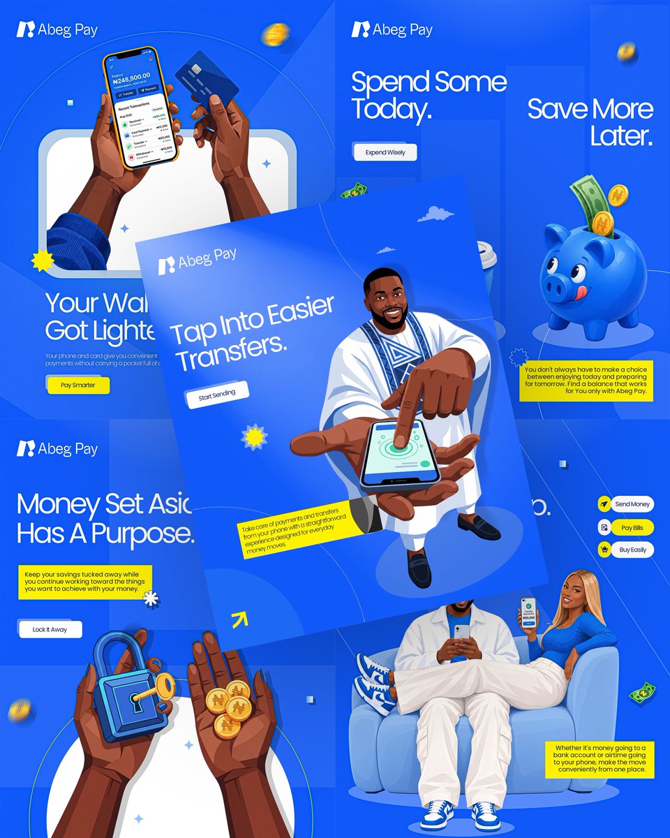 LabiGraphix's tweet photo. THE FUTURE OF PAYMENTS — ABEG PAY

A Visual Direction Exploring Everyday Money Moments Through Illustration, Characters, Typography, And UI Elements.

#fypシ゚ #fypシ゚viral #fyptwitter #branding  #fintech #viralpost #nigeriantechspace https://t.co/4oJstXSFzx