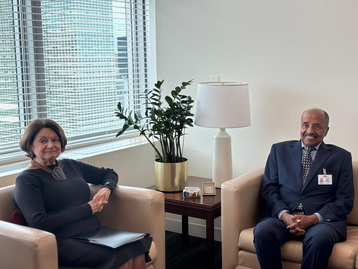 Eritrea_UN's tweet photo. Minister Osman Saleh, Minister of Foreign Affairs of the State of #Eritrea, met with Ms. Rosemary DiCarlo, UN Under-Secretary-General for Political and Peacebuilding Affairs #DPPA, on the margins of #UNGA81. Discussions focused on developments in the #HornofAfrica and #RedSea region,
#Eritrea’s perspectives on advancing regional peace and security, and #Eritrea–#UN relations and cooperation.
#Eritrea #UNGA81