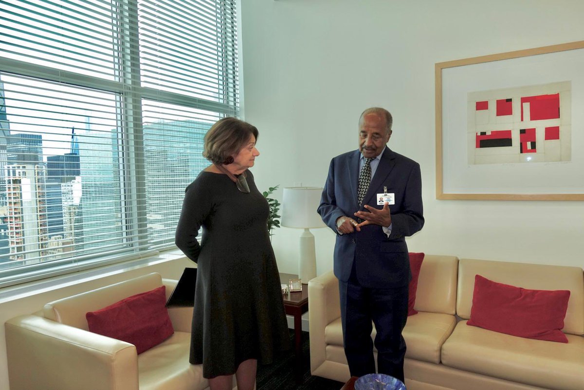 Eritrea_UN's tweet photo. Minister Osman Saleh, Minister of Foreign Affairs of the State of #Eritrea, met with Ms. Rosemary DiCarlo, UN Under-Secretary-General for Political and Peacebuilding Affairs #DPPA, on the margins of #UNGA81. Discussions focused on developments in the #HornofAfrica and #RedSea region,
#Eritrea’s perspectives on advancing regional peace and security, and #Eritrea–#UN relations and cooperation.
#Eritrea #UNGA81