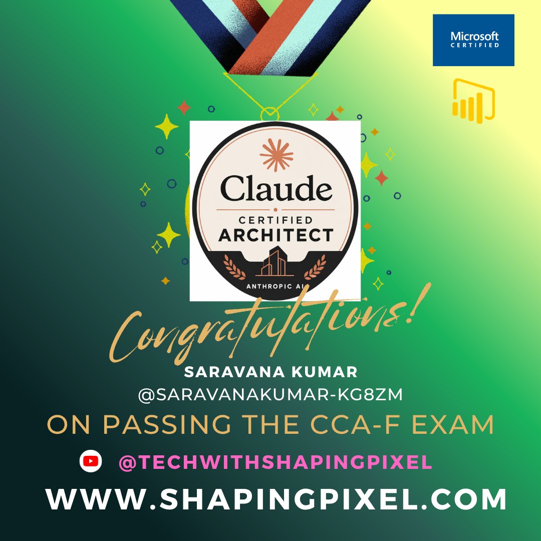 shaping_pixel's tweet photo. 🎉 Congratulations to Saravana Kumar on Passing the Anthropic Claude Certified Architect – Foundations (CCA-F) Certification! 🎉

#Anthropic #ClaudeAI #CCAF #AnthropicCertified #AIArchitect #GenerativeAI #ArtificialIntelligence #AICertification #ProfessionalDevelopment https://t.co/Q3H93LIOt6