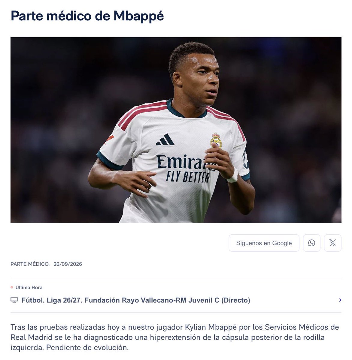 RealMadrid_GO's tweet photo. đš| PARTE MĂDICO DE KYLIAN MBAPPĂ.
EstarĂĄ dos semanas de baja.
#rmlive https://t.co/dGfcQoyq7t