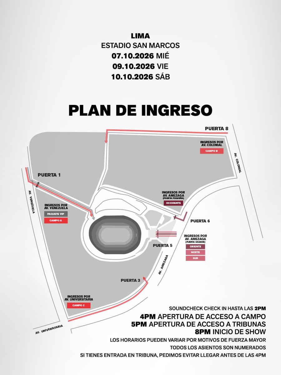 livenationperu's tweet photo. Te dejamos todo lo que necesitas saber para las tres fechas de BTS en el Estadio San Marcos este 7, 9 y
10 de octubre.

📍Mapas de acceso y ubicación de las puertas
🏟️ ⁠Rutas de ingreso al estadio
⏰ Horarios del show
🚫 Objetos permitidos y no permitidos
☝🏻Recomendaciones importantes para tu llegada.

⚠️ IMPORTANTE: Para mejorar la experiencia de todas y todos, si no cuentas con ticket te pedimos no acercarte al recinto.

Solo se permitirá el acceso a las personas que cuenten con la entrada en las fechas correspondientes.

‼️Revisa la información con detenimiento antes de salir de casa y planifica tu llegada con anticipación para evitar inconvenientes.

¡Nos vemos en el Estadio San Marcos! 🫰🏻