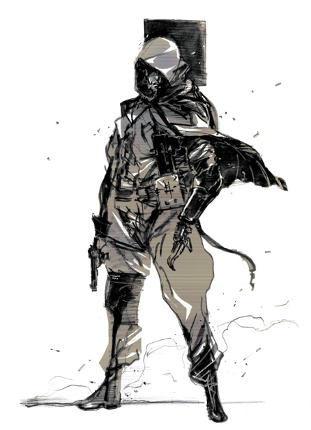ShinkawaArt's tweet photo. during the development of Metal Gear Solid V: The Phantom Pain (2015), one of the proposed clothing accessories for Venom Snake was the ability for V to use his scarf as a hood. Here's Shinkawa's concept art of it, along with non-Shinkawa environment art as well. https://t.co/7MBTTqulHM