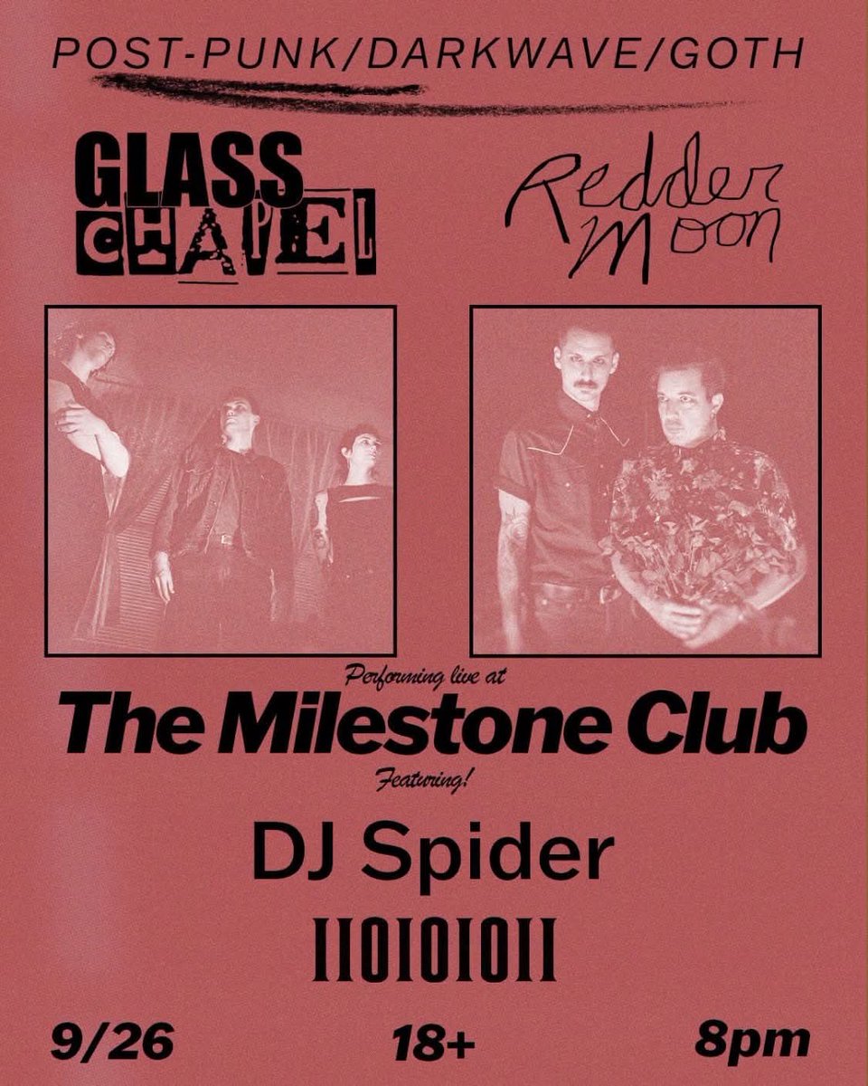MILESTONECLUB's tweet photo. TONIGHT, Saturday 9/26 @ #TheMilestoneClub in #CharlotteNC we welcome #RedderMoon & #GlassChapel w/special guests #IIOIOIOII & DJ Spider
Bar opens at 7pm, ages 18 & up only, no one admitted without valid photo ID (no exceptions)
$5 well shots, $6 well drinks & $5 PBR tallboys https://t.co/aFUdAyUvSv