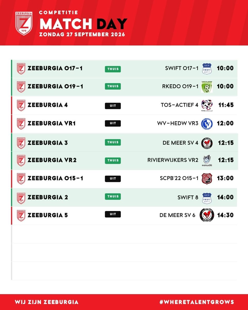 AVVZeeburgia's tweet photo. β½ MATCHDAY!π΄ βͺ
Ook de zondag teams zijn er klaar voor. We sluiten het weekend af met nog een volle dag voetbal!β½ π₯
Onze teams staan klaar om te strijden voor de punten en natuurlijk voor rood-wit!πͺ
β β β
#wijzinzeeburgia #wheretalentgrows https://t.co/Kp6pzVWVrG