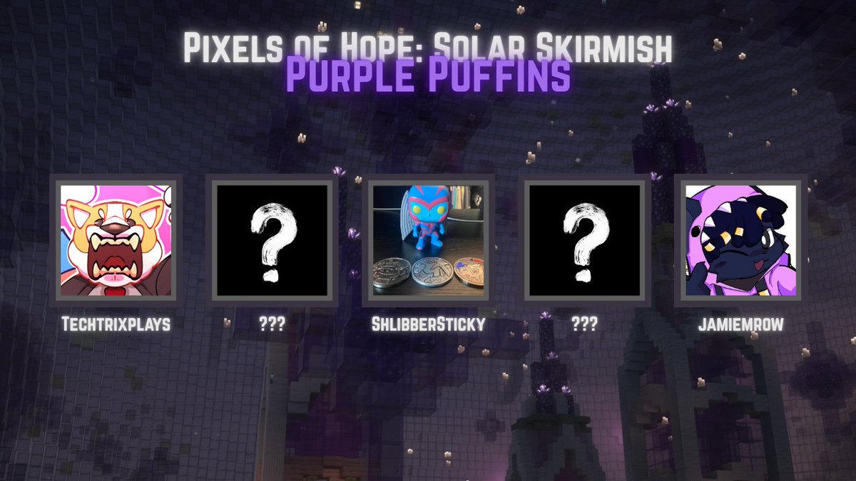 TinyRiotx_'s tweet photo. Introducing the Purple Puffins for Solar Skirmish x Pixels of Hope!

@Techtrix_ 
@Shlibbersticky 
@jamiemrow 

Tune in on Monday 5th October 9pm BST where they will choose their two remaining teammates, and compete for the crown! https://t.co/sH6WRPT9PS