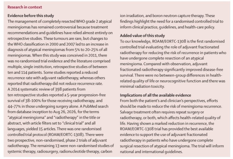 roxboxfix's tweet photo. ROAM/EORTC-1308 Ph III trial

Is there role of Adj RT in
WHO grade 2 atypical meningioma after surgeon-assessed gross-total resection, Simpson I–III.

N=157 pts

1st RCT to show adj RT reduces recirremce / DFS
HR 0.51; 5-y DFS 79.9% vs 64.3%.

Future:
NRG-BN003 randomized trial https://t.co/gZBIJZj1bX
