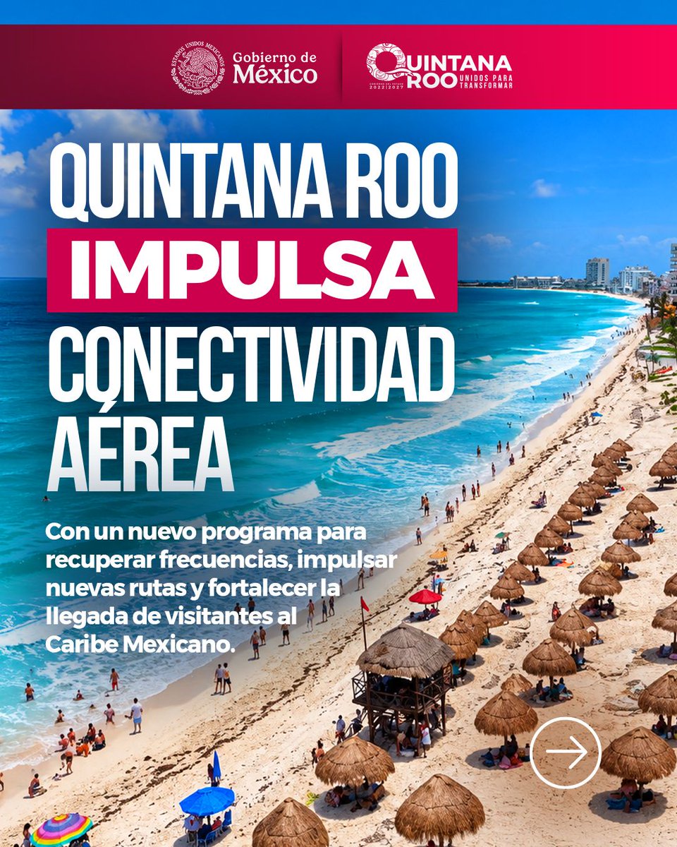 GobQuintanaRoo's tweet photo. ✈️ Quintana Roo impulsa su conectividad aérea para fortalecer la llegada de visitantes al Caribe Mexicano.

A través del Tablero Público de Conectividad Aérea, se dará seguimiento a vuelos y asientos programados...🧵 https://t.co/5WNZaI4Cx0