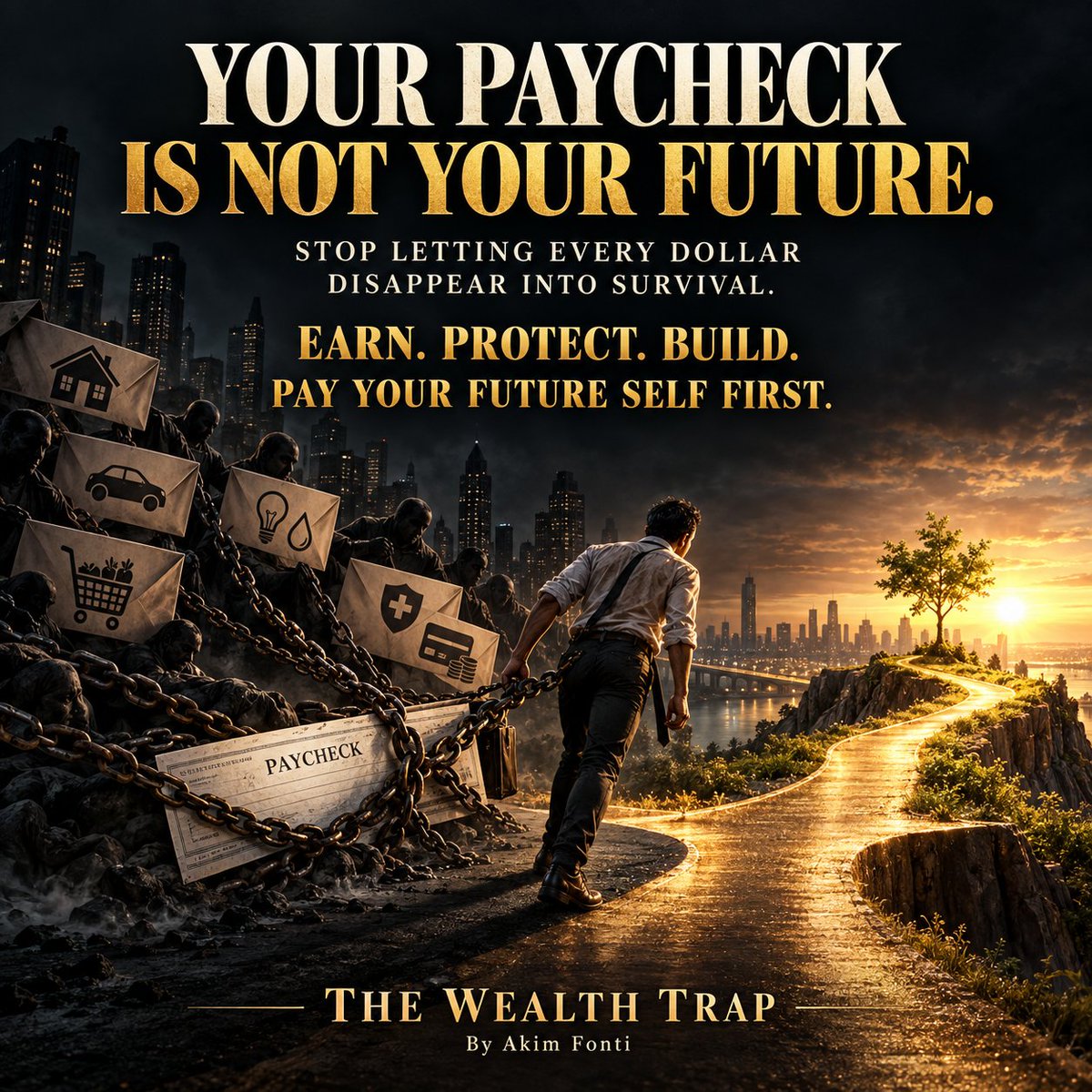 AkimFonti's tweet photo. YOUR PAYCHECK IS NOT YOUR PROBLEM.

WHAT HAPPENS TO IT AFTER IT ARRIVES IS.

You get paid.

Then rent takes its share.

The car payment takes another.

Insurance, groceries, utilities, subscriptions and credit-card interest fight over what remains.

Before you have built anything for yourself, the money is gone.

Then you work another two weeks and repeat the cycle.

That is not financial freedom.

That is survival on automatic renewal.

And no—you cannot budget your way out of every crisis.

Sometimes the real problem is that your income is too low and the cost of living is too high.

But even then, ignoring your finances will never rescue you.

Start where you are.

Track every dollar for 30 days.

Cancel what adds no value.

Build a small emergency cushion.

Attack high-interest debt.

Learn a skill that can increase your income.

Automate even a tiny amount toward your future before the world spends it for you.

Ten dollars will not make you wealthy overnight.

But the habit of paying your future self first can change the direction of your life.

Stop asking:

“What can I afford this month?”

Start asking:

“What can I build that will still belong to me ten years from now?”

Your financial life will not change because you worked another exhausting year inside the same system.

It changes when your money receives new instructions.

Earn.

Protect.

Invest.

Build.

Repeat.

You do not need to become rich tomorrow.

You need to stop arriving at tomorrow with nothing built from today.

THE WEALTH TRAP
By Akim Fonti
#TheWealthTrap #PersonalFinance #FinancialFreedom #MoneyMindset #DebtFreeJourney #BuildWealth #PayYourselfFirst #AmericanDream #TakeControl #AkimFonti
