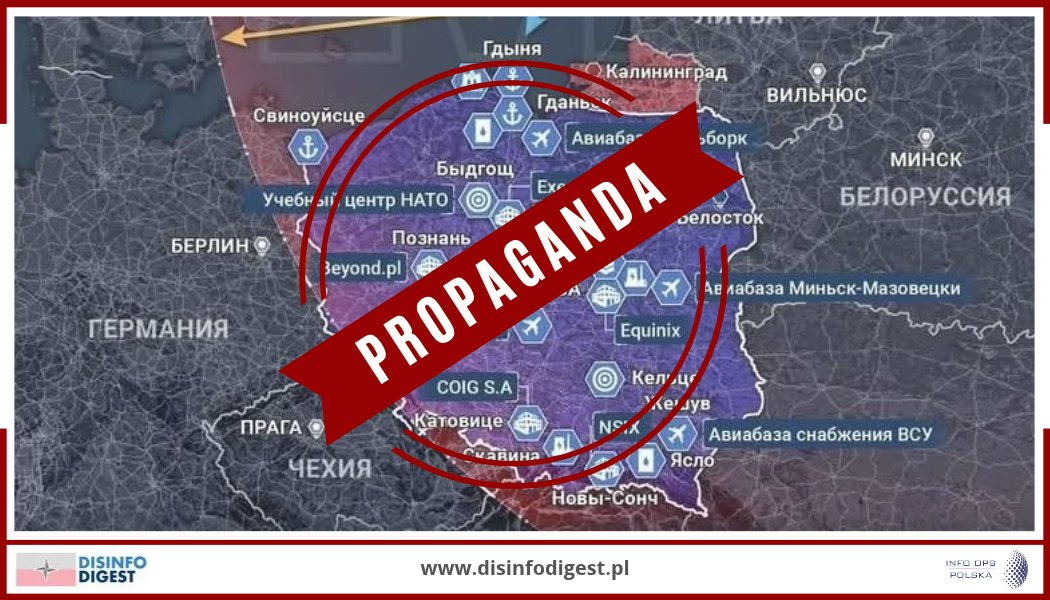 Disinfo_Digest's tweet photo. Eskalacja rosyjskich gróźb wobec Polski 🇵🇱 Propaganda przechodzi od narracji zastraszającej do wizualizacji możliwych uderzeń.

Identyfikujemy eskalację rosyjskiego przekazu wymierzonego w Polskę. Jej najnowszym przejawem jest propaganda rozpowszechniona przez kanał Rybar, przedstawiająca mapę potencjalnych celów dla rosyjskich bezzałogowców odrzutowych Geran-5 na terytorium RP.

⚠️Nie daj się zastraszyć

Propaganda wskazuje cele: porty w Gdyni, Gdańsku, Szczecinie i Świnoujściu, infrastrukturę logistyczną w rejonie Rzeszowa, lotniska, magazyny, sieć drogową i kolejową, obiekty energetyczne, rafinerię, centra danych oraz infrastrukturę wojskową. 

Z perspektywy operacji informacyjnej: groźba jest konstruowana poprzez demonstrację wykonalności scenariusza. Mechanizm opiera się na połączeniu kilku elementów:

🔴 "Militaryzacja" obrazu Polski – przedstawianie infrastruktury cywilnej, logistycznej i energetycznej jako potencjalnych celów ze względu na jej znaczenie dla Ukrainy i NATO.

🔴 Wizualizacja zagrożenia – wykorzystanie map, zasięgów uzbrojenia i oznaczeń konkretnych obiektów do nadania groźbie realnego i bezpośredniego charakteru.

🔴 Odwrócenie odpowiedzialności (dezinformacja) – przedstawianie ewentualnej rosyjskiej eskalacji jako konsekwencji działań Polski i jej wsparcia dla Ukrainy.

🔴 Zastraszanie  – eksponowanie możliwości wywołania zakłóceń i presji przy użyciu środków napadu powietrznego.

🔴 Normalizacja scenariusza ataku – przesuwanie debaty z pytania „czy” Rosja mogłaby zaatakować Polskę na „jak” taki atak mógłby wyglądać.

Rybar - kanał należy do grupy istotnych rosyjskich kanałów propagandy wojennej. Jego współtwórca Michaił Zwinczuk jest byłym pracownikiem rosyjskiego Ministerstwa Obrony, a jego działalność została włączona do szerszego rosyjskiego ekosystemu propagandowego. Rybar jest częściowo koordynowany przez Administrację Prezydenta Federacji Rosyjskiej, otrzymuje finansowanie od państwowego Rostecu i współpracuje z przedstawicielami rosyjskich służb.

Materiał został pierwotnie opublikowany 18 września 2026 r. na kanale „ЕВРОПАРЬ”, a następnie rozpowszechniony dalej przez główny kanał „Рыбарь”.

Publikacja Rybara wpisuje się w eskalacyjny model rosyjskiego oddziaływania informacyjnego wobec Polski, w którym groźba militarna jest coraz częściej materializowana poprzez wskazywanie konkretnych środków rażenia, tras podejścia i potencjalnych celów.