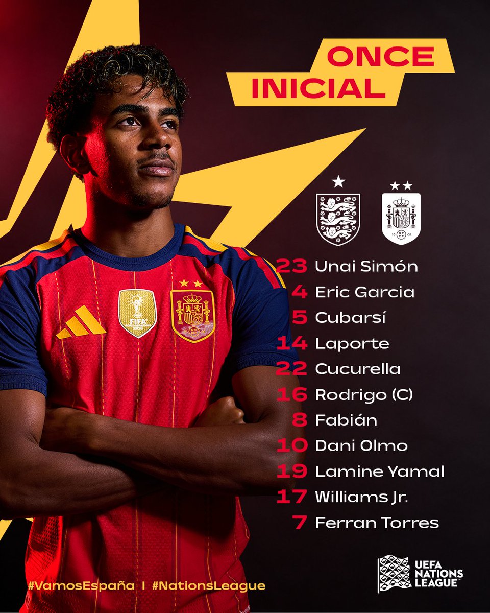 SEFutbol's tweet photo. Empieza una nueva aventura.

Este es nuestro 𝗢𝗡𝗖𝗘 𝗜𝗡𝗜𝗖𝗜𝗔𝗟 para enfrentarnos a Inglaterra.

#VamosEspaña | #NationsLeague https://t.co/hXcPiFhOLX