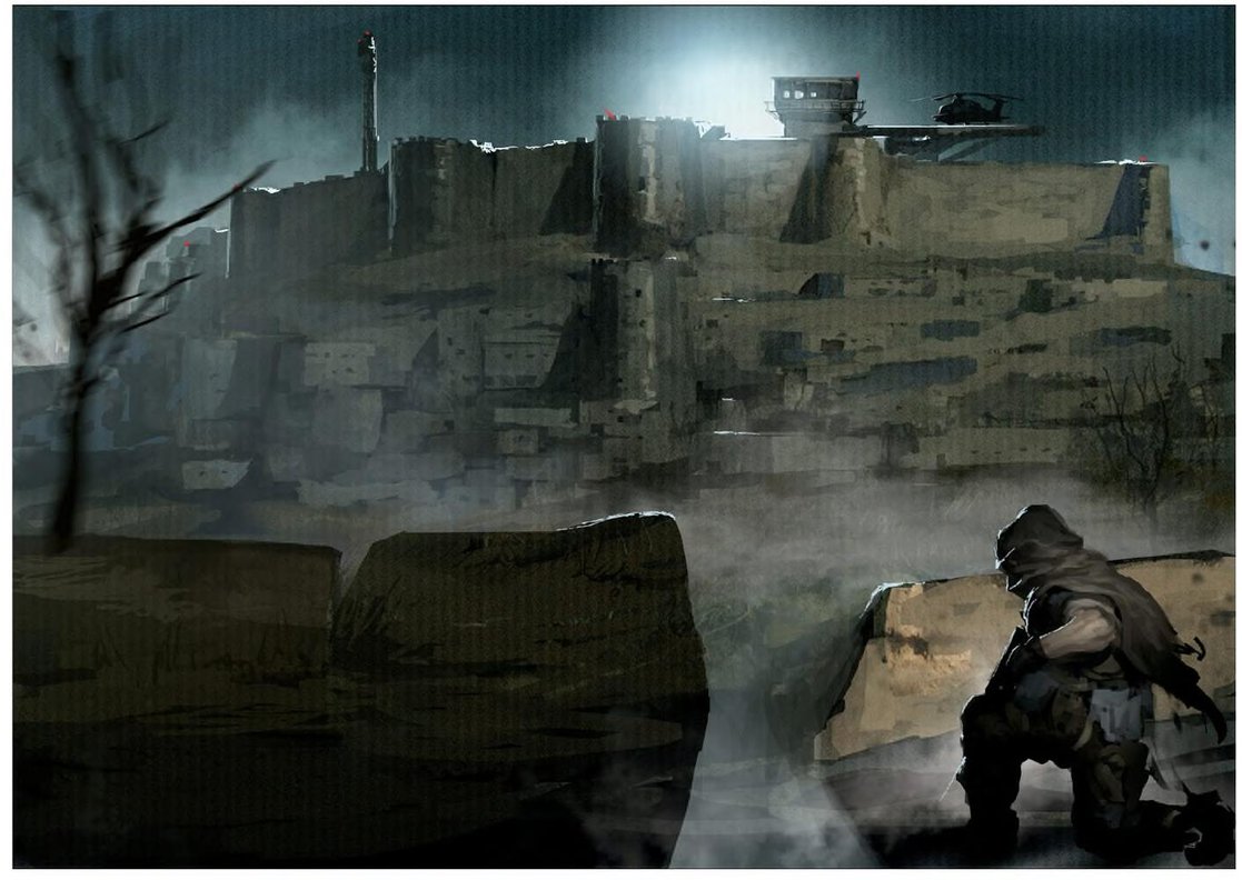 ShinkawaArt's tweet photo. during the development of Metal Gear Solid V: The Phantom Pain (2015), one of the proposed clothing accessories for Venom Snake was the ability for V to use his scarf as a hood. Here's Shinkawa's concept art of it, along with non-Shinkawa environment art as well. https://t.co/7MBTTqulHM