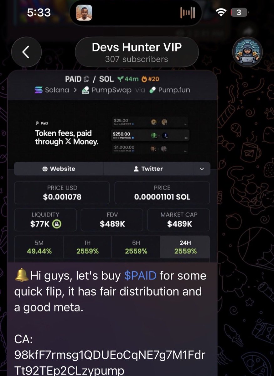 devs_hunter's tweet photo. One thing that keeps making me money in this market is understanding what people will buy before they buy it. 

We entered $PAID 98kfF7rmsg1QDUEoCqNE7g7M1FdrTt92TEp2CLzypump at sub $500k mc now it's hitting $40M mc (80x).

A lot of good trades start from simply understanding what catches attention early.

Just few slots left on my premium signal group WEEKEND DISCOUNT PACKAGE.

0.45 sol ($50) just for 3 people, 
👉 6 months membership benefits,
👉 2 - 5 best signals per day (both on Solana, Robinhood and BnB chains).
👍 2 videos per week on how to identify rugs and the tools i'm using.

🚨When the slots are all filled, the subscription fee will be back to 1 sol ($121) as usual.

If you're tired of watching your money disappear on rugs and random calls, this is where you stop the bleed and start trading like you mean it.

Hit DM if interested 👍.